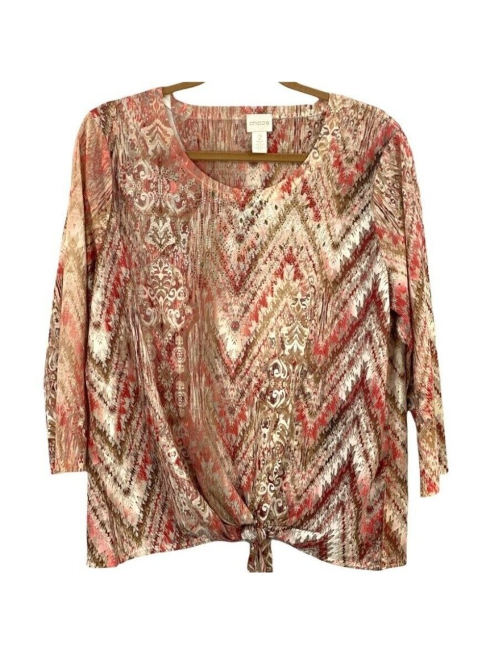 Chico's Women's Top Tunic Tie Bottom Size 2 Peach Rhinestones 3/4 Sleeve Chevron